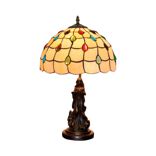 Asellus Secundus - Cabochons Grid Night Light 1 - Light Tiffany Table Lamp With Angel Decor
