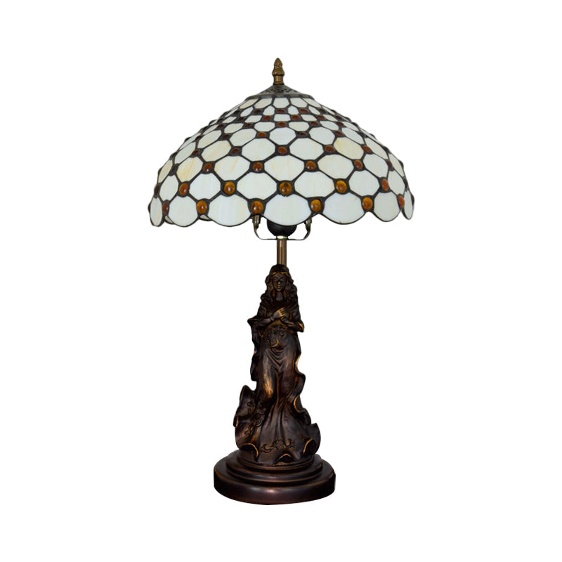 Asellus Secundus - Cabochons Grid Night Light 1 - Light Tiffany Table Lamp With Angel Decor