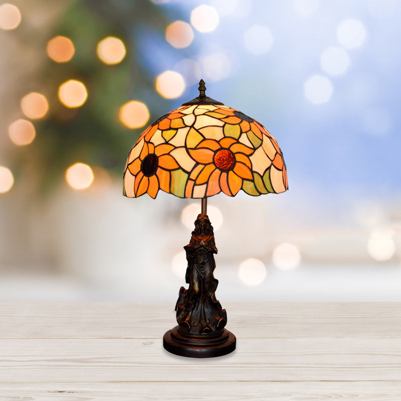 Ksora - Sunflower Orange Glass Table Light Victorian Style Nightstand Lamp Bronze
