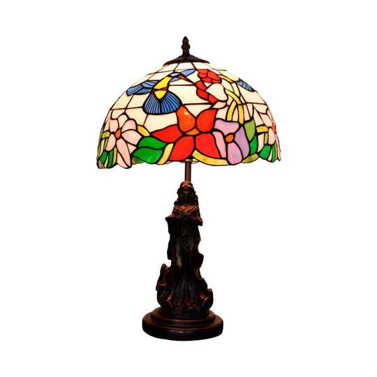 Louise - Tiffany Magpie/Flower Patterned Dome Night Lamp White/Beige Stained Glass 1 Head Bronze