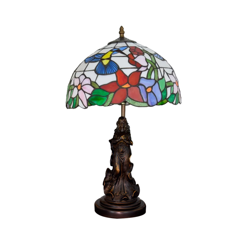 Louise - Tiffany Magpie/Flower Patterned Dome Night Lamp White/Beige Stained Glass 1 Head Bronze