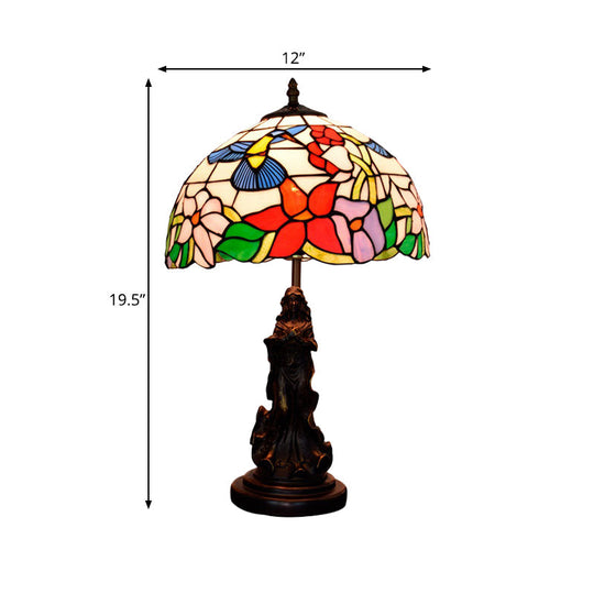 Louise - Tiffany Magpie/Flower Patterned Dome Night Lamp White/Beige Stained Glass 1 Head Bronze