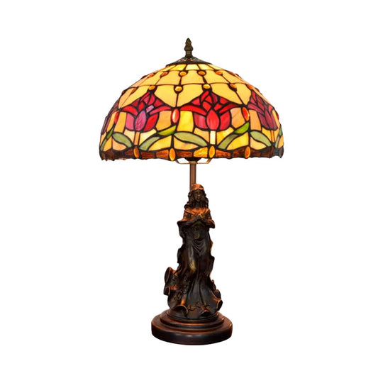 Louise - Tiffany Magpie/Flower Patterned Dome Night Lamp White/Beige Stained Glass 1 Head Bronze