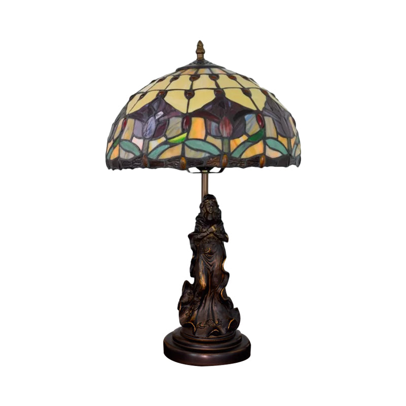 Louise - Tiffany Magpie/Flower Patterned Dome Night Lamp White/Beige Stained Glass 1 Head Bronze