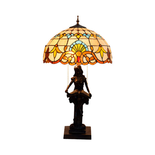 Isla - Girl Studying Tiffany - Style Table Light: 2 - Bulb Resin Night Lamp With