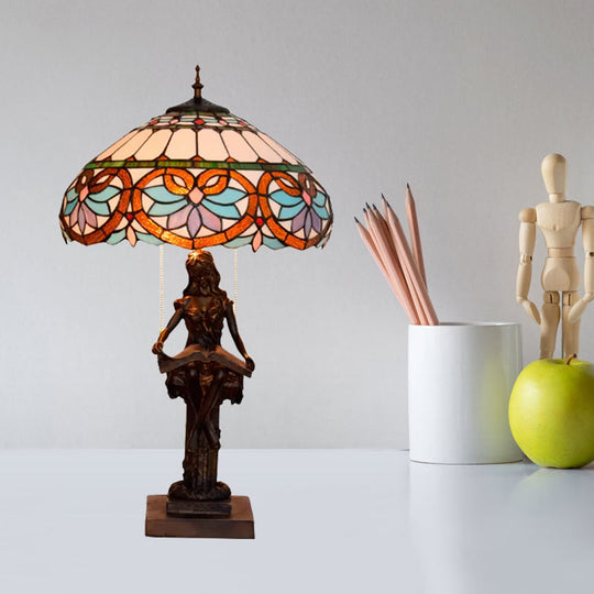 Isla - Girl Studying Tiffany - Style Table Light: 2 - Bulb Resin Night Lamp With