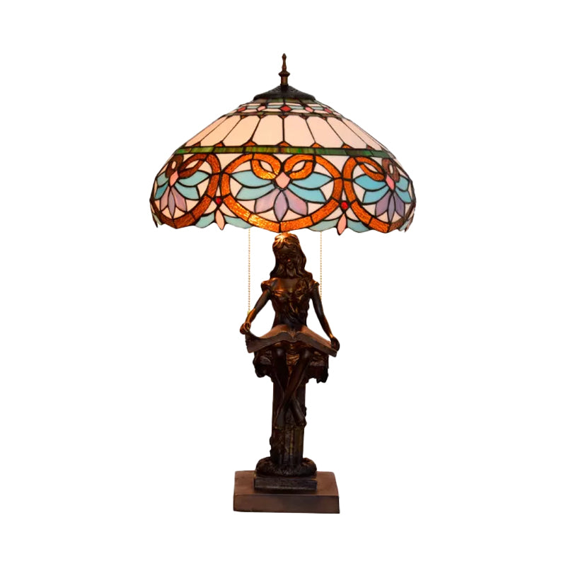 Isla - Girl Studying Tiffany - Style Table Light: 2 - Bulb Resin Night Lamp With