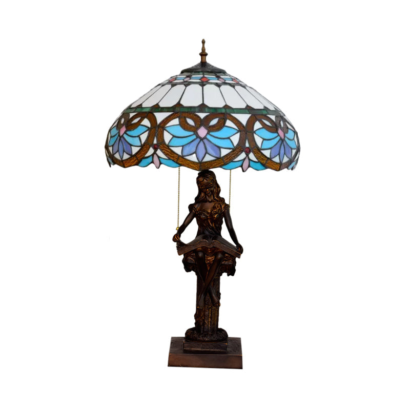 Isla - Girl Studying Tiffany - Style Table Light: 2 - Bulb Resin Night Lamp With