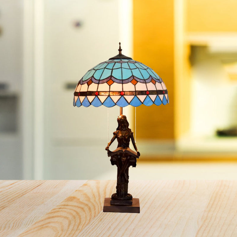 Isla - Girl Studying Tiffany - Style Table Light: 2 - Bulb Resin Night Lamp With