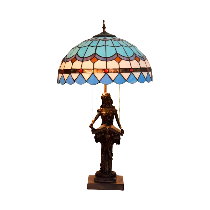 Isla - Girl Studying Tiffany - Style Table Light: 2 - Bulb Resin Night Lamp With