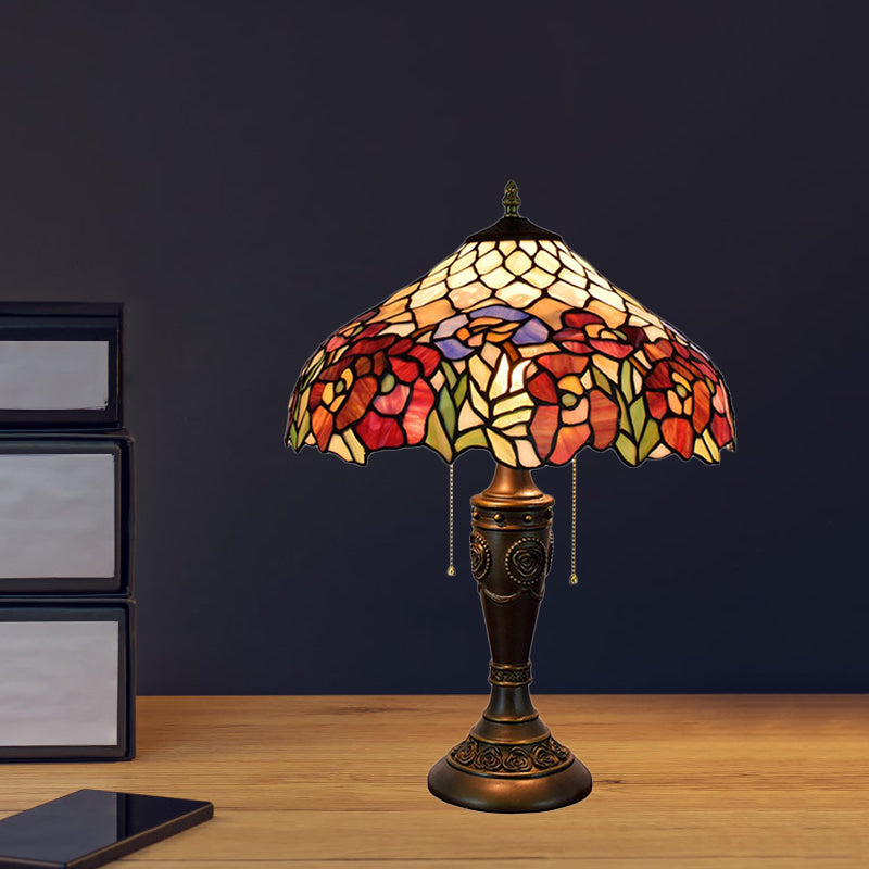 Grazia - Victorian Barn Shade Pull - Chain Night Light Stained Floral Glass 2 - Bulb Bronze Table