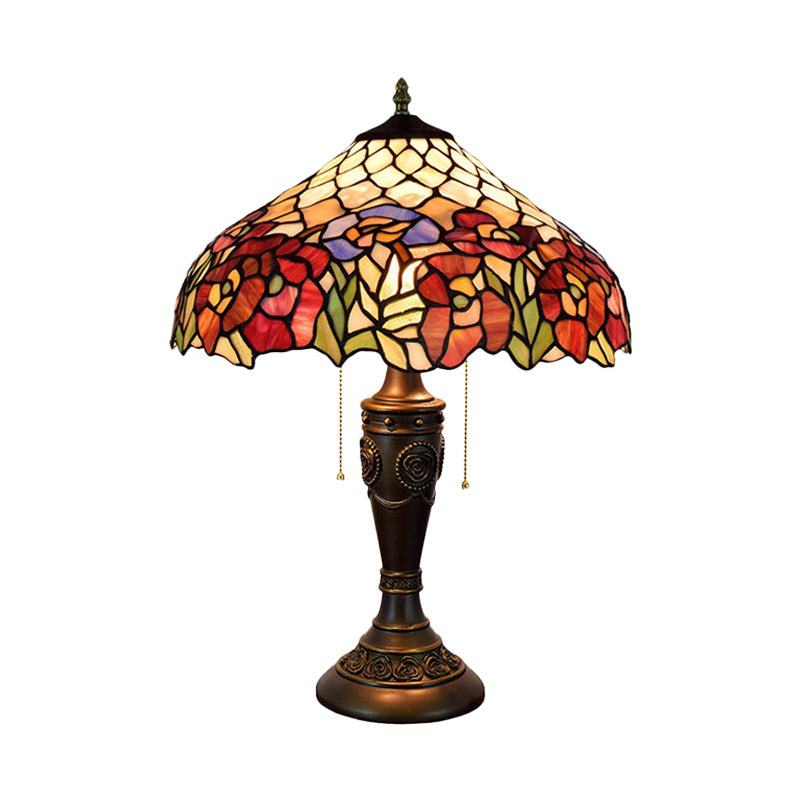 Grazia - Victorian Barn Shade Pull - Chain Night Light Stained Floral Glass 2 - Bulb Bronze Table