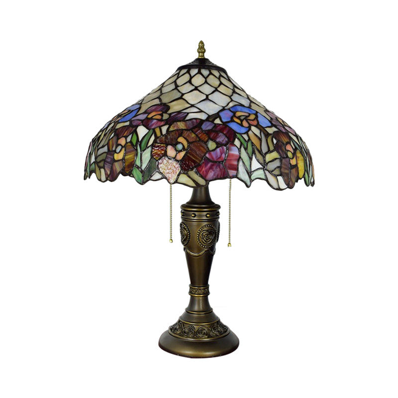 Grazia - Victorian Barn Shade Pull - Chain Night Light Stained Floral Glass 2 - Bulb Bronze Table