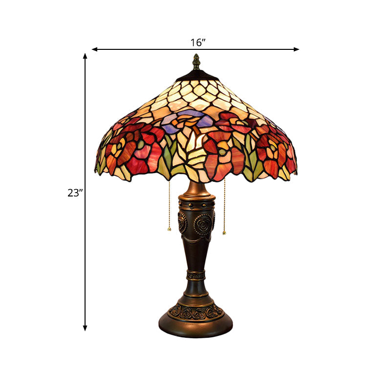 Grazia - Victorian Barn Shade Pull - Chain Night Light Stained Floral Glass 2 - Bulb Bronze Table