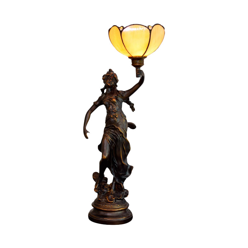 Emily - Tiffany Yellow/White - Brown Glass Table Lamp With Greek Woman Statue