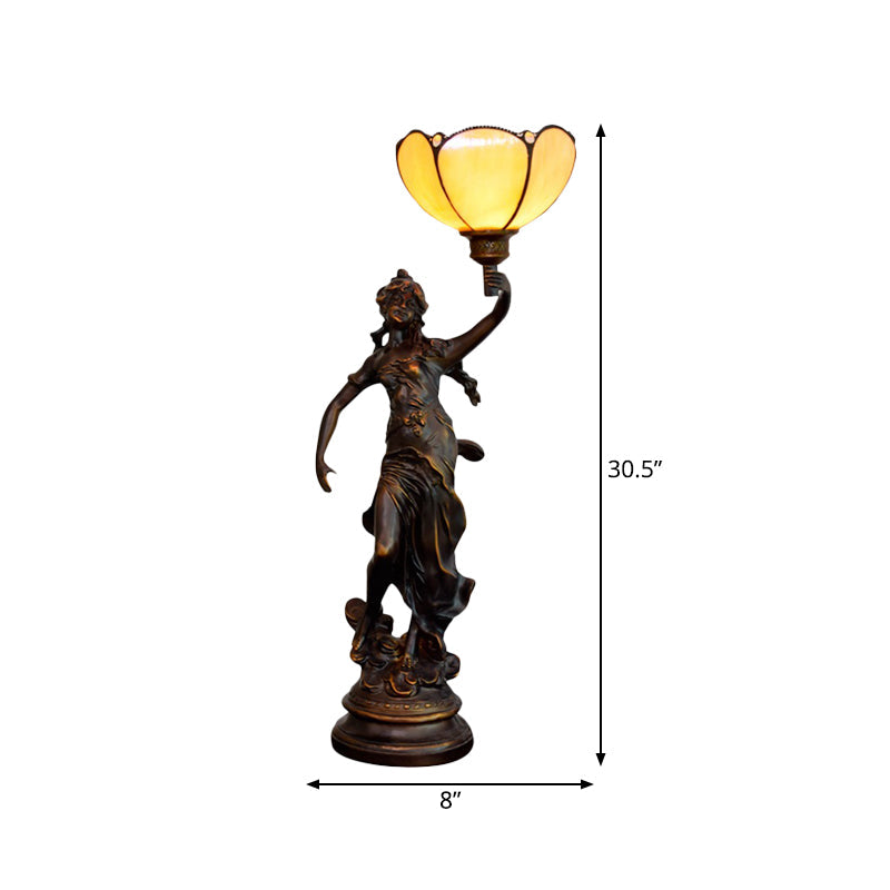 Emily - Tiffany Yellow/White - Brown Glass Table Lamp With Greek Woman Statue