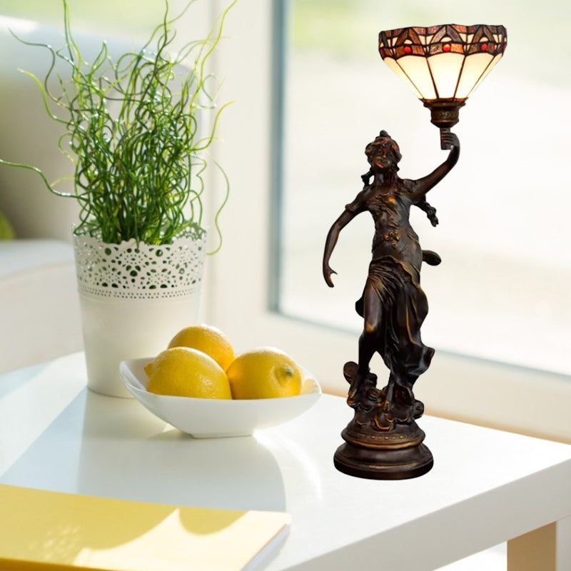 Emily - Tiffany Yellow/White - Brown Glass Table Lamp With Greek Woman Statue