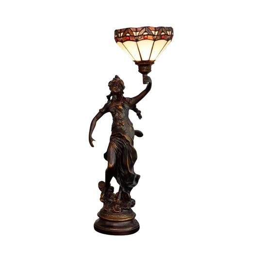 Emily - Tiffany Yellow/White - Brown Glass Table Lamp With Greek Woman Statue