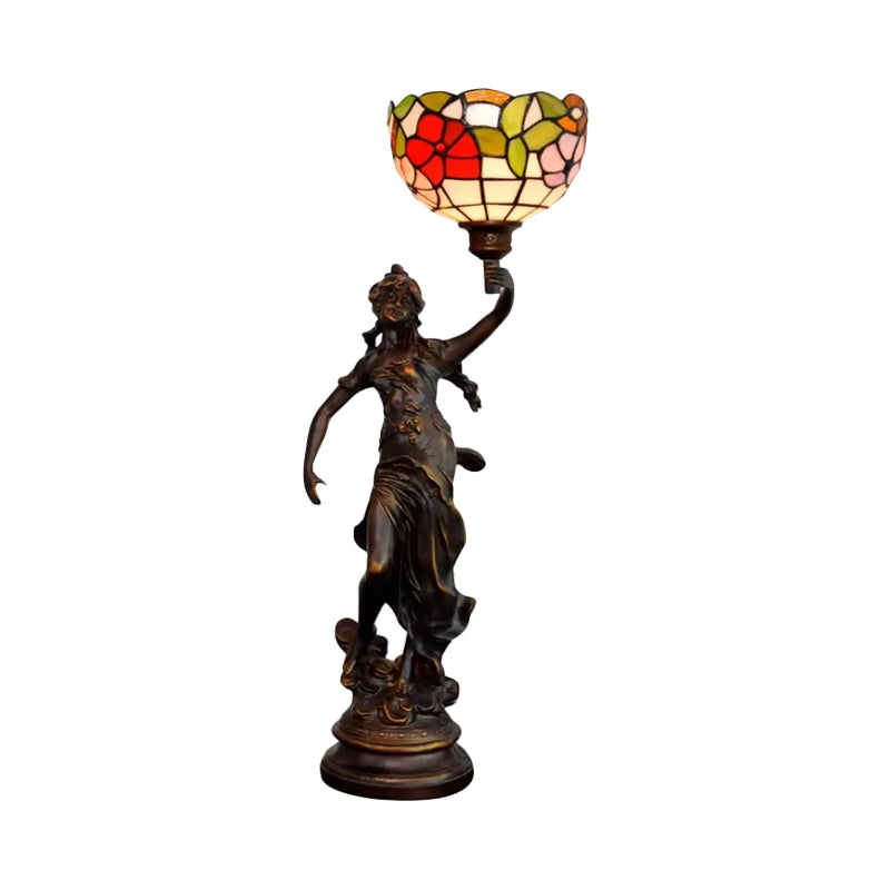 Raelynn - Resin Torchiere Table Light Tiffany 1 Bulb Bronze Nightstand Lamp With Red -