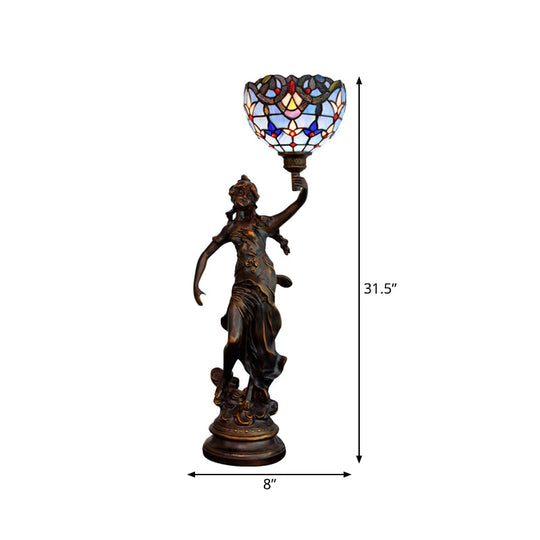 Gatria - Bronze Women Sculpture Night Lamp Victorian Style 1 Head Resin Table Light With Blue -