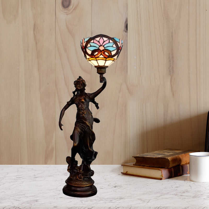 Gatria - Bronze Women Sculpture Night Lamp Victorian Style 1 Head Resin Table Light With Blue -