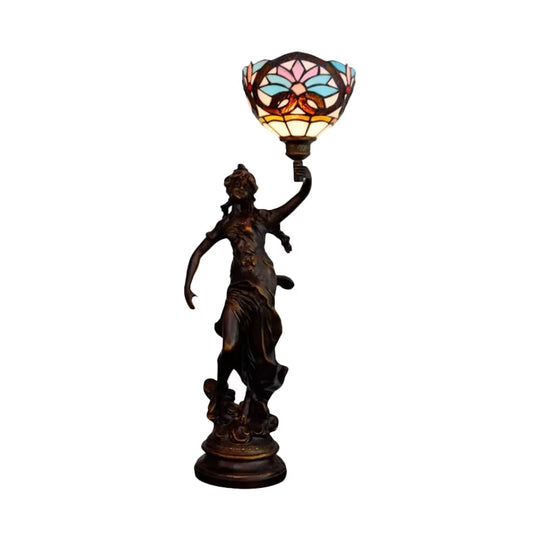 Gatria - Bronze Women Sculpture Night Lamp Victorian Style 1 Head Resin Table Light With Blue -