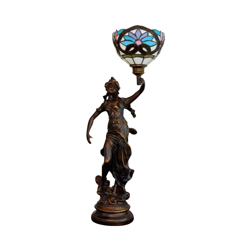 Gatria - Bronze Women Sculpture Night Lamp Victorian Style 1 Head Resin Table Light With Blue -