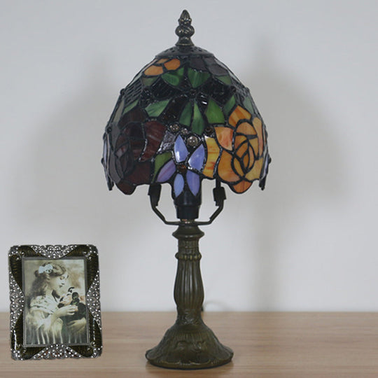 Aubrey - Baroque 1 Head Rose Patterned Night Lamp Dark Coffee Stained Art Glass Nightstand Light