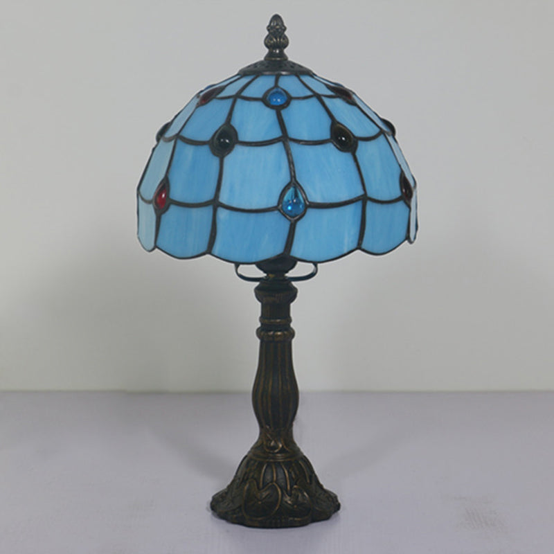 Corinne - Blue Glass Lattice Bowl Table Lighting Mediterranean 1 Head Bronze Gem Patterned Desk For