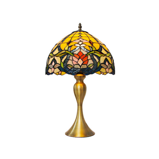 Homam - Brushed Brass 1 Head Nightstand Light Tiffany Floral Glass Bowl Shade Table Lamp