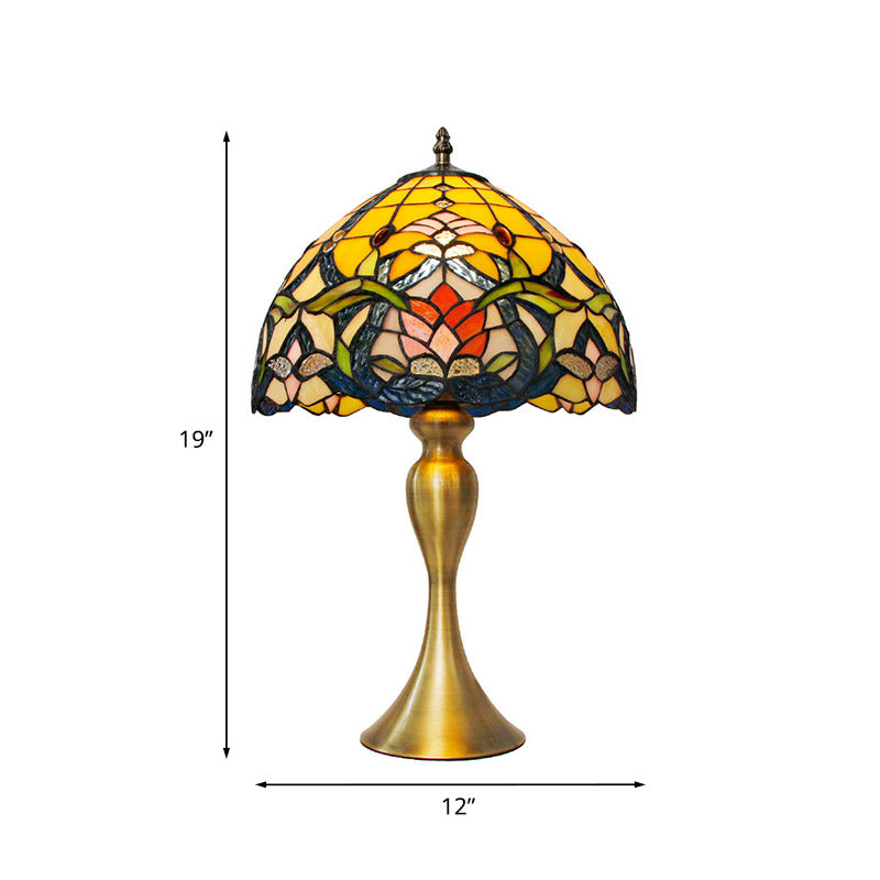 Homam - Brushed Brass 1 Head Nightstand Light Tiffany Floral Glass Bowl Shade Table Lamp