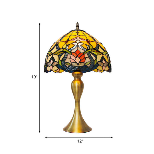 Homam - Brushed Brass 1 Head Nightstand Light Tiffany Floral Glass Bowl Shade Table Lamp