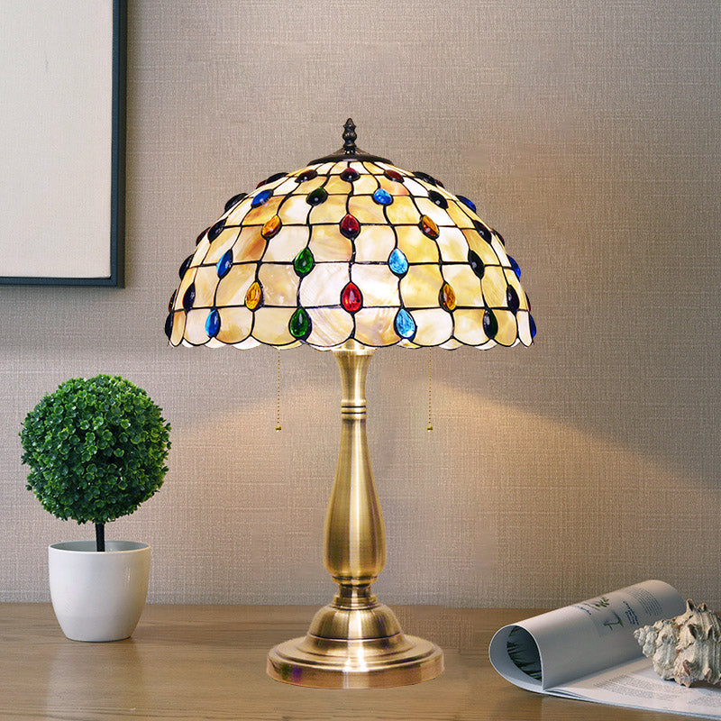 Altais - Gold Jewel - Embedded Grid Table Light Tiffany Shell 2 Bulbs Pull Chain Nightstand Lamp