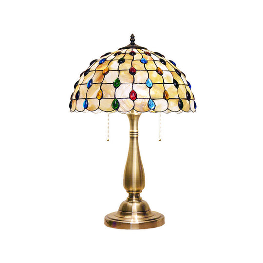 Altais - Gold Jewel - Embedded Grid Table Light Tiffany Shell 2 Bulbs Pull Chain Nightstand Lamp