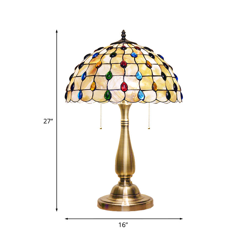 Altais - Gold Jewel - Embedded Grid Table Light Tiffany Shell 2 Bulbs Pull Chain Nightstand Lamp