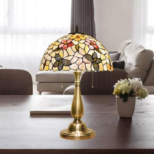 Aria - Shell Brushed Brass Night Light Butterflies And Flower 2 Lights Tiffany Pull Chain Table Lamp