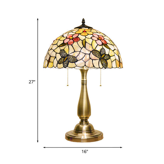 Aria - Shell Brushed Brass Night Light Butterflies And Flower 2 Lights Tiffany Pull Chain Table Lamp
