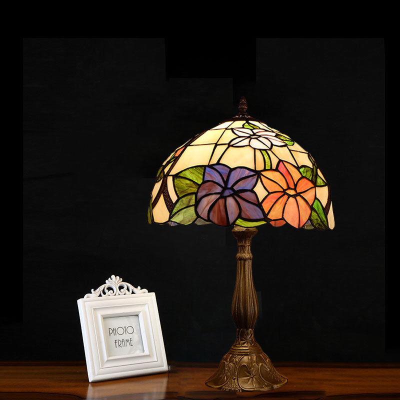 Victoria - Tiffany Dome Shade Table Light 1 - Bulb Stained Art Glass Night Lighting In Bronze With