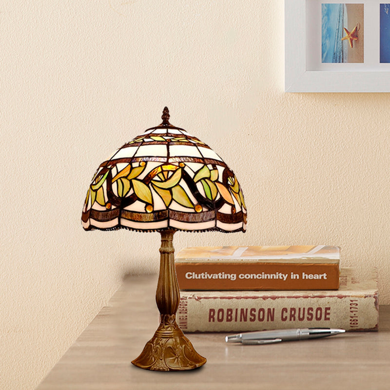 Samantha - Head 1 Dome Table Lamp Baroque Style Yellow/Green/Orange Stained Glass Nightstand With