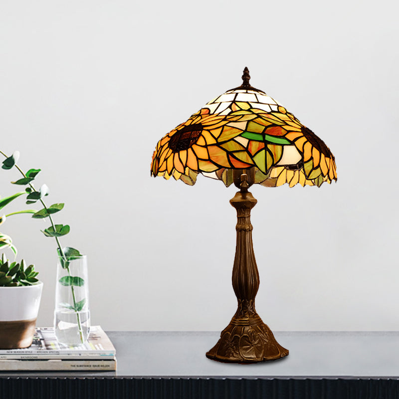 Arrakis - Baroque Bowl Shade Table Light 1 - Bulb Hand Cut Glass Sunflower Patterned Nightstand