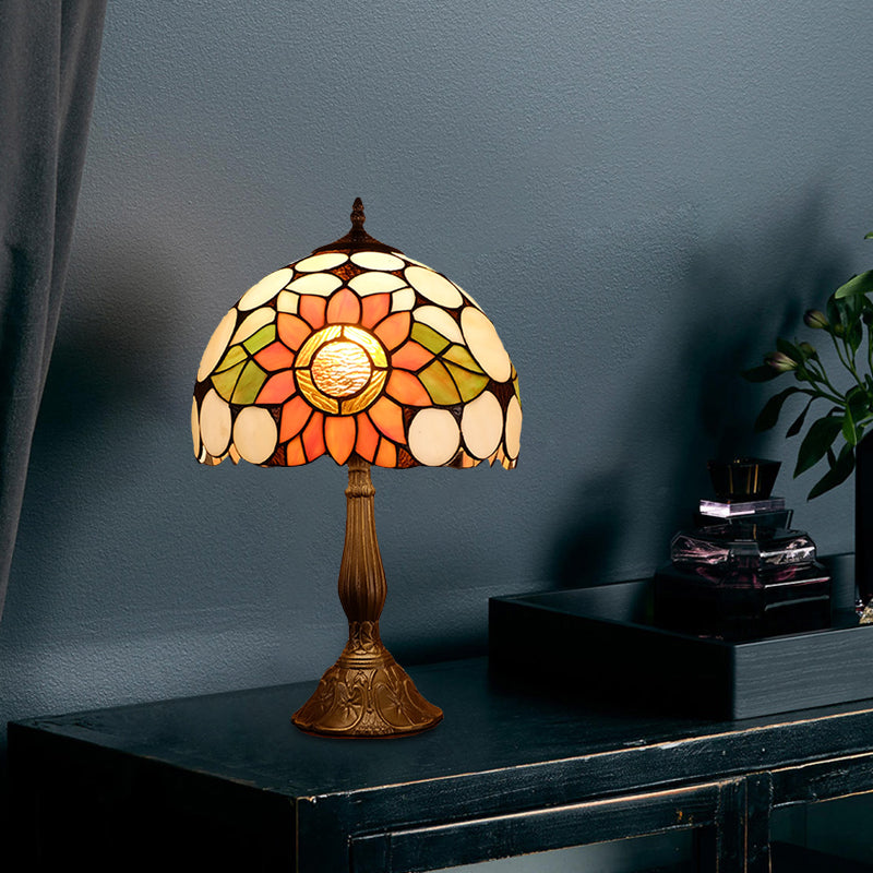 Nicole - Hand Cut Glass Domed Shade Nightstand Lamp Bronze Sunflower Pattern