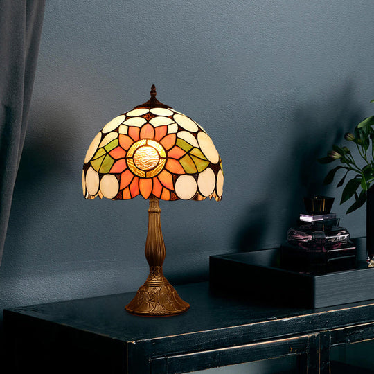 Nicole - Hand Cut Glass Domed Shade Nightstand Lamp Bronze Sunflower Pattern