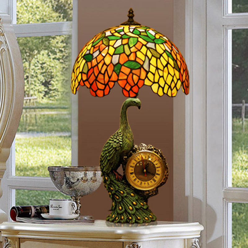 Olivia - Green 1 Head Night Light Tiffany Stained Glass Wisteria Table Lamp With Peacock And Clock