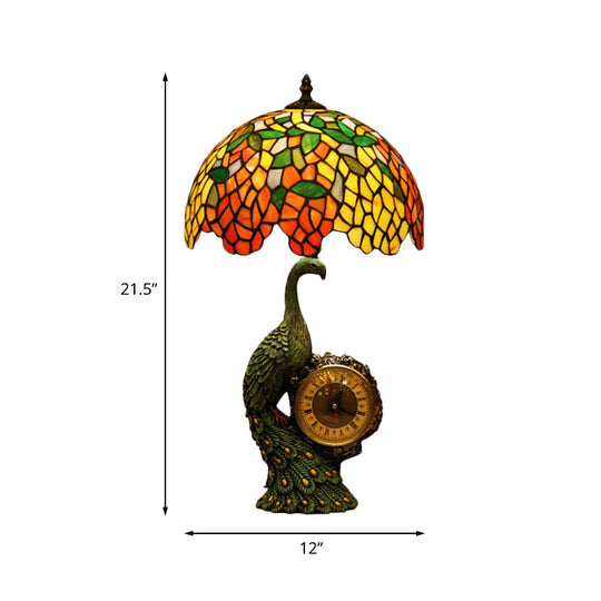 Olivia - Green 1 Head Night Light Tiffany Stained Glass Wisteria Table Lamp With Peacock And Clock
