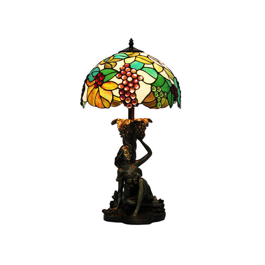 Roberta - Victorian Stained Glass Domed Nightstand Lamp 1 Light Green Grape Patterned Desk Lighting