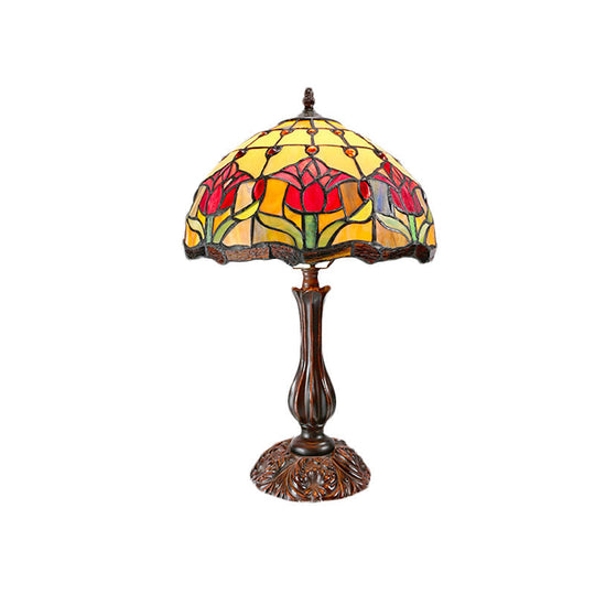 Eleonora - Tiffany Dome Shade Cut Glass Nightstand Light 1 Bronze Night Table Lamp With Flower