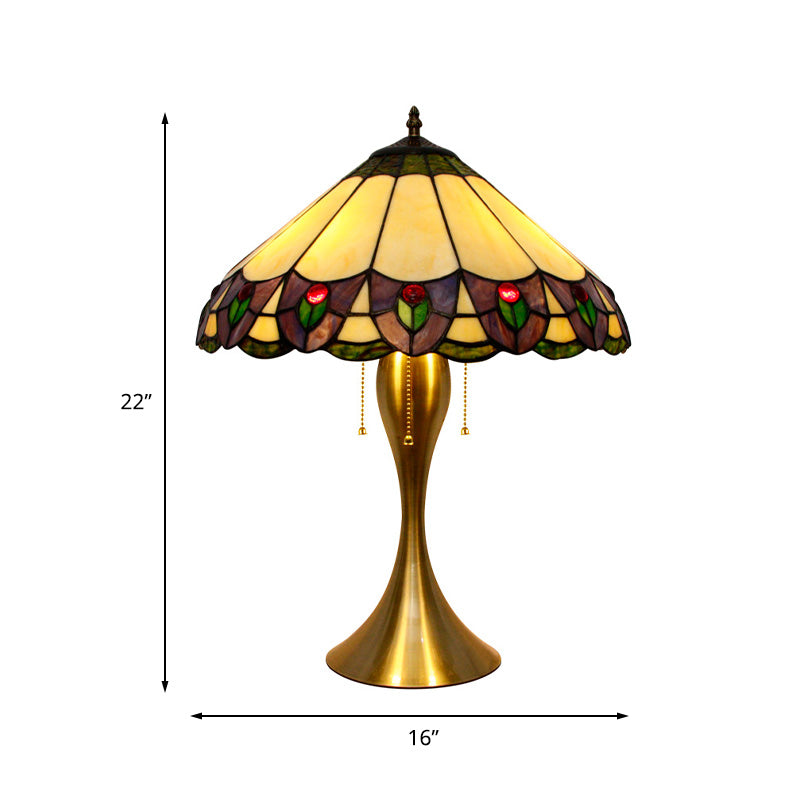 Mothallah - Gold Conic Nightstand Light 3 - Head Stained Glass Tiffany Peacock Tail Patterned Table