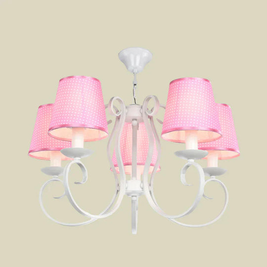 Minimalism Barrel Ceiling Chandelier Fabric 5 Lights Bedroom Hanging Light Fixture In Pink