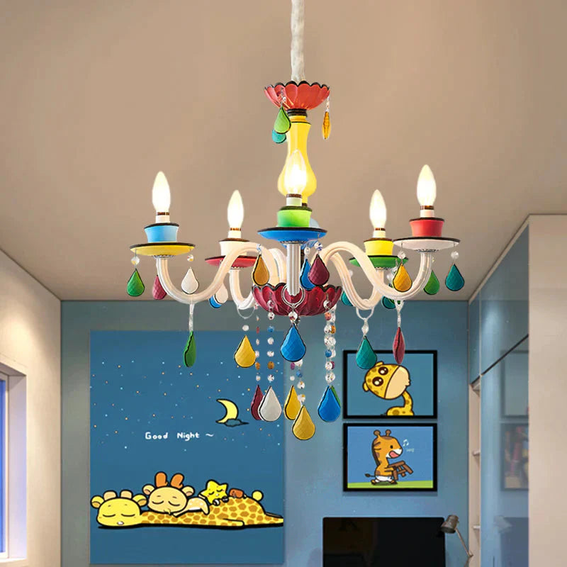 Crystal Candle Pendant Lighting Macaroon 5/6/8 Heads Red - Yellow - Blue - Green Chandelier Light