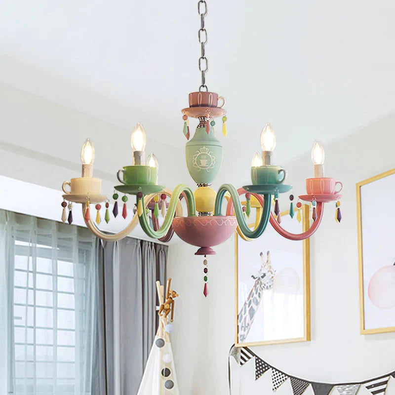 Macaroon Cup Crystal Chandelier 5/6 Lights Pendant Lighting Fixture In Blue - Yellow - Green - Pink